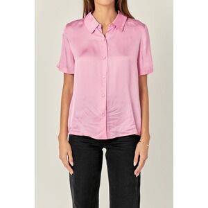 English Factory Pink Satin Short Sleeve Button Up Shirt 2X Casual Barbiecore NWT